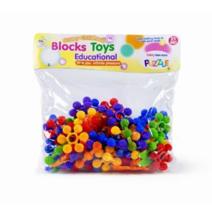 A clear bag containing colorful interlocking spherical building blocks with an instruction sheet showing various animal and vehicle models.
