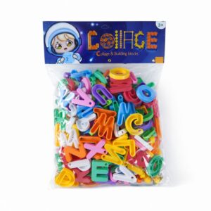 A clear bag filled with colorful interlocking plastic alphabet letters, featuring a blue header card with an astronaut character.