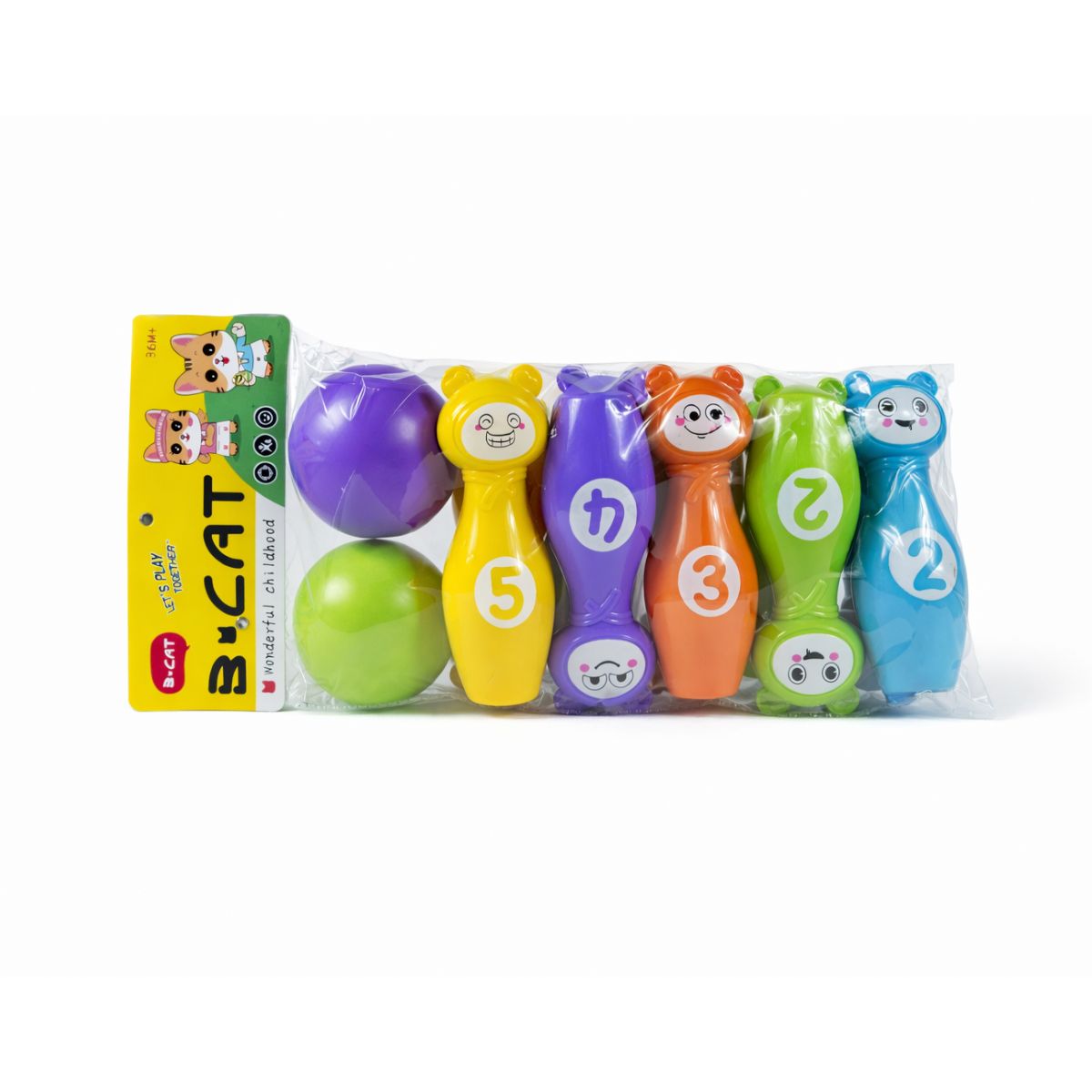 A packaged children's bowling set featuring five colorful animal-shaped pins numbered 1 to 5 and two round rolling balls.