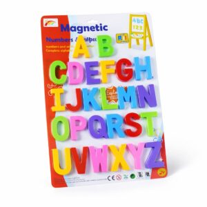 A colorful set of magnetic uppercase English alphabet letters from A to Z packaged on a red display card.