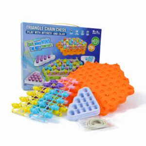 Triangle Chain Chess board game box showing a green playing board, colorful character pegs, and rubber bands used to capture territory.
