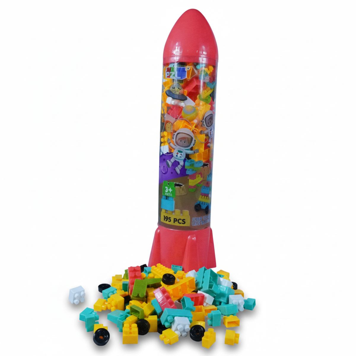 195-Piece Educational Building Blocks Set in Rocket Storage Tube - Image 3