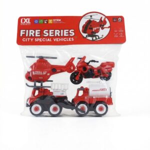 A packaged set of four red DIY take-apart fire rescue toys including a helicopter, motorcycle, ladder truck, and tanker truck with visible assembly screws.