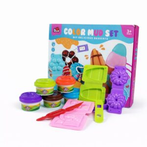 A children's modeling clay kit showing five colorful tubs of clay, plastic dessert molds for ice cream and donuts, a shaping tool, and a colorful packaging box displaying DIY desserts.