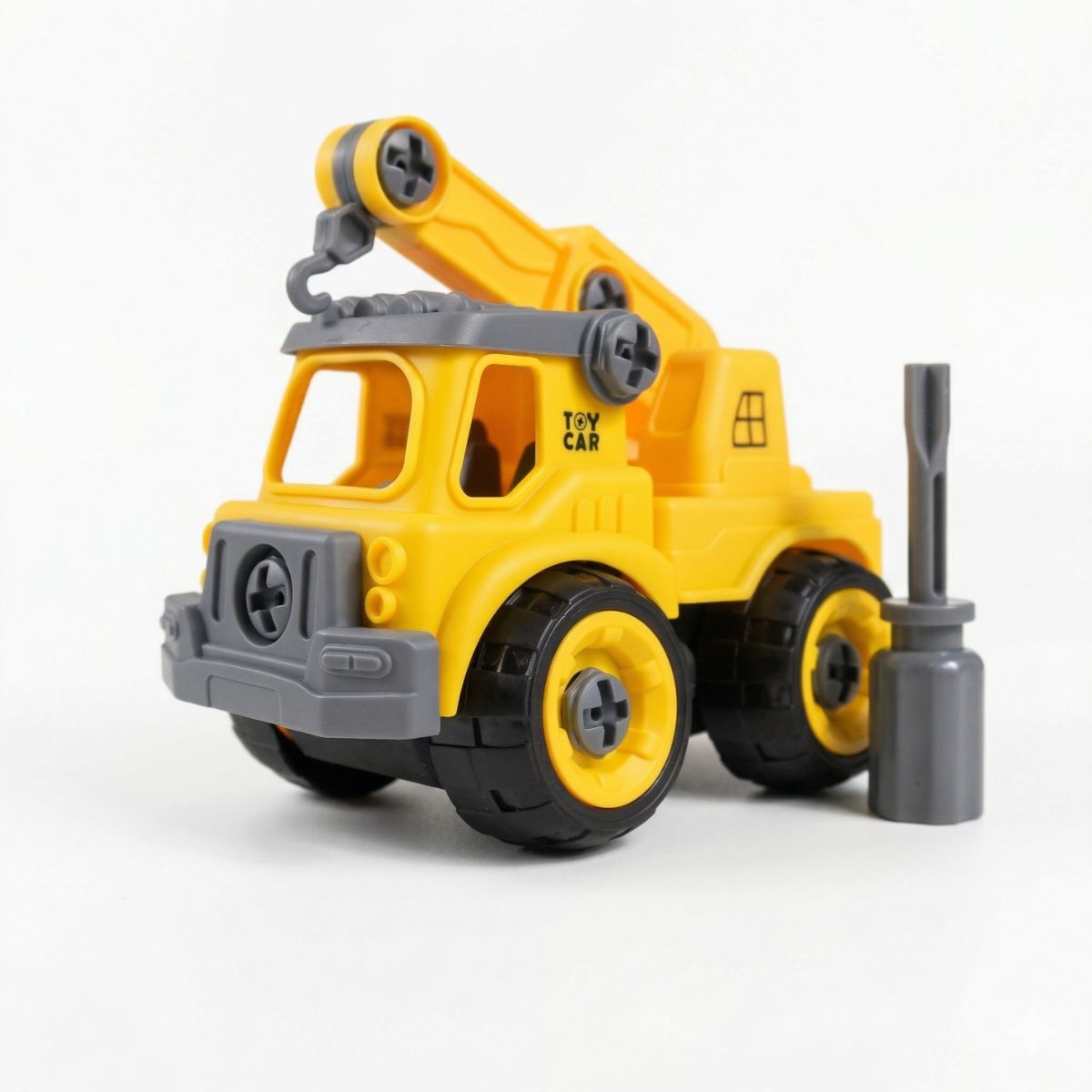 A yellow and grey DIY take-apart toy crane truck with oversized screws and a plastic screwdriver.