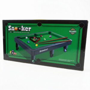 A boxed mini tabletop snooker game for kids showing a green pool table surface, two cues, a white cue ball, and colorful numbered billiard balls.