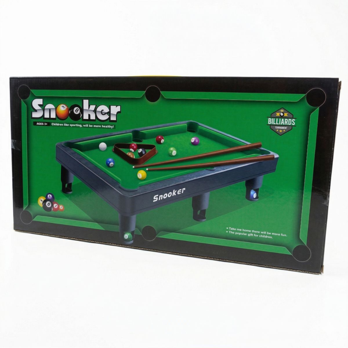 A boxed mini tabletop snooker game for kids showing a green pool table surface, two cues, a white cue ball, and colorful numbered billiard balls.