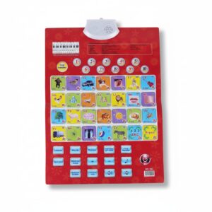 A red interactive electronic wall poster featuring the English alphabet, numbers 1 to 10, spelling games, and music buttons for early childhood education.