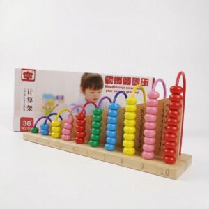 A wooden abacus calculation frame toy featuring colorful beads on arched wires with numbers 1 to 10 on the base and simple math equations printed on the backboard.