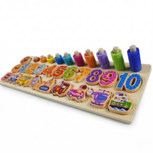 A wooden educational toy board featuring colorful numbers 1 to 10, math symbols, stacking rings on pegs, and traffic vehicle puzzle pieces.