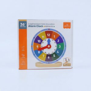 A packaged wooden educational teaching clock toy featuring a colorful dial, movable hands, a wooden base, and 18 time-telling flashcards.