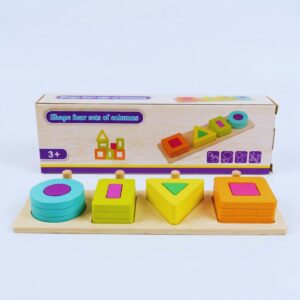 A wooden educational shape sorter toy featuring light blue circles, green rectangles, yellow triangles, and orange squares stacked on a wooden base board.
