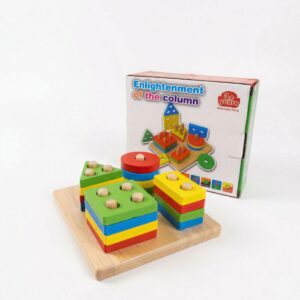 A wooden geometric shape sorting toy with colorful circle, rectangle, triangle, and square blocks stacked on a pegged wooden board.