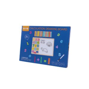 A blue box showing a wooden educational toy with a whiteboard, colorful wooden numbers, math symbols, and a bundle of counting sticks.